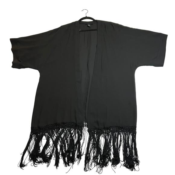 Forever 21 Open Front Long Line Kimono w/ Fringe Hem Size Medium Boho Minimalist - Picture 1 of 6